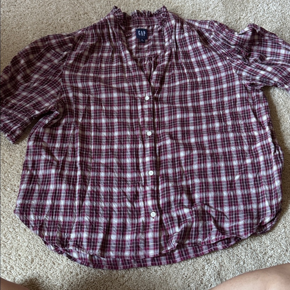 GAP Burgundy and White Plaid Blouse